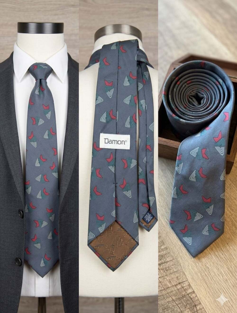 Damon 2 Tone Blue Red White Abstract Floral 100% Silk Tie